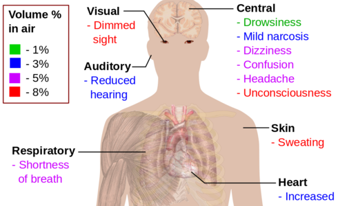 Belangrijkste symptomen hypercapnie (koolzuurvergiftiging)